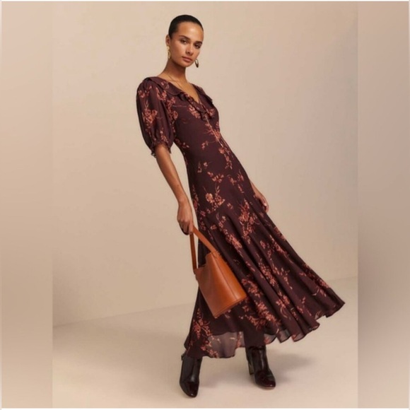 New Reformation Women Floral Brown Maxi Dress Size 4 - Picture 2 of 4